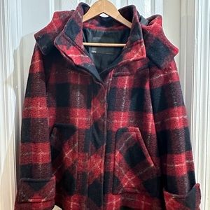 Zara Red & Navy Plaid Swing Coat with Hood size medium women’s